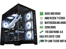 Charger l&#39;image dans la galerie, Un boîtier d&#39;ordinateur noir avec des composants listés: ASUS/MSI B550, AMD RYZEN 7 5700X, watercooling, 32Go DDR5, etc.
