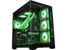 Charger l&#39;image dans la galerie, Un boîtier PC avec des lumières vertes, montrant les composants internes. Fond noir.
