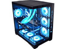 Charger l&#39;image dans la galerie, Un PC de jeu avec un panneau latéral en verre éclairé par des lumières bleues. Le fond est noir.
