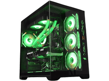 Charger l&#39;image dans la galerie, Boîtier PC avec lumières vertes à l&#39;intérieur. Comprend des ventilateurs et des composants.
