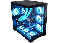 Charger l&#39;image dans la galerie, Un boîtier d&#39;ordinateur éclairé avec des lumières bleues. Il montre des composants internes comme une carte graphique et des ventilateurs.
