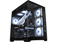 Boîtier d'ordinateur avec des composants visibles à travers le verre, y compris des ventilateurs et des lumières.