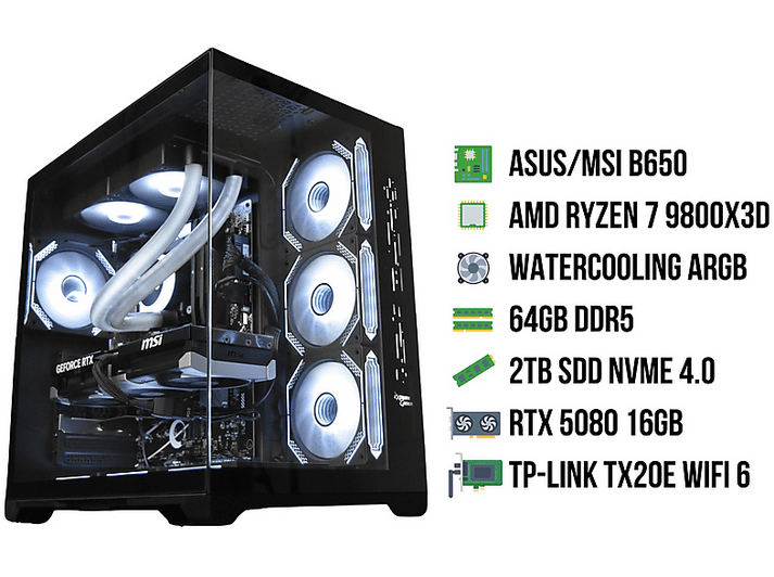 Boîtier PC avec composants : CPU, GPU, RAM, SSD et carte WiFi. Côté en verre transparent.