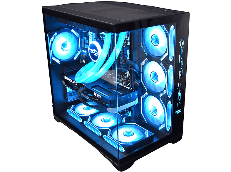 Un boîtier d'ordinateur noir avec des lumières bleues à l'intérieur. Le boîtier a des panneaux de verre et le logo MSI.