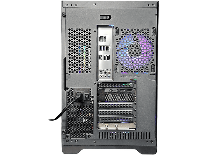 Vue arrière d'un boîtier PC avec composants internes et spécifications.