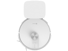 Un aspirateur robot rond blanc avec une station de charge blanche derrière. Vue de dessus.