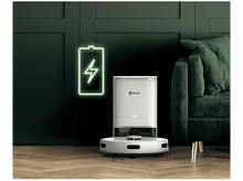 Charger l&#39;image dans la galerie, Aspirateur robot blanc sur un sol en bois. Un signe de batterie au néon vert sur le mur.
