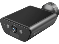 Caméra de sécurité noire avec un objectif et des lumières blanches. Elle a un panneau solaire noir en haut.