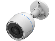 Caméra de sécurité EZVIZ blanche avec des accents bleus sur fond noir.