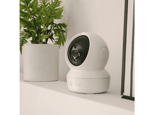 Charger l&#39;image dans la galerie, Caméra de sécurité blanche sur une étagère avec une plante en arrière-plan.
