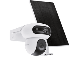 Caméra de sécurité blanche avec un panneau solaire noir attaché. La caméra est fixée au mur.