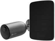 Caméra de sécurité noire avec panneau solaire, sur fond noir.