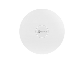Caméra de sécurité circulaire blanche avec logo EZVIZ au centre. Design minimaliste.