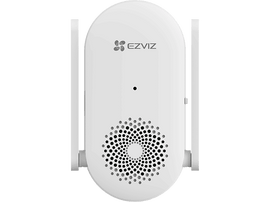 Prolongateur de réseau EZVIZ blanc. Possède deux antennes, un motif en forme de haut-parleur et le logo EZVIZ.