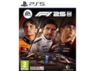 La couverture d'un jeu de course PS5 F1 23. Des voitures de course et trois pilotes sont visibles sur la couverture.