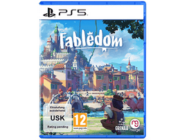 Jaquette du jeu PS5 pour Fabled, représentant une ville avec un château, un homme et un cochon, fond bleu.