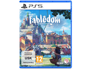 Jaquette du jeu PS5 pour Fabled, représentant une ville avec un château, un homme et un cochon, fond bleu.