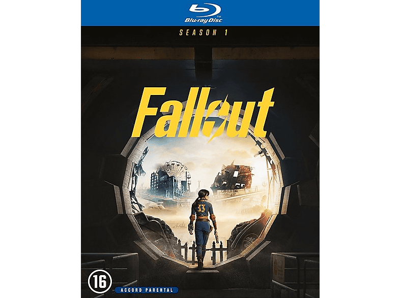 Couverture Blu-ray de Fallout Saison 1. Une femme en bleu devant une scène post-apocalyptique, le titre 'Fallout' en jaune.
