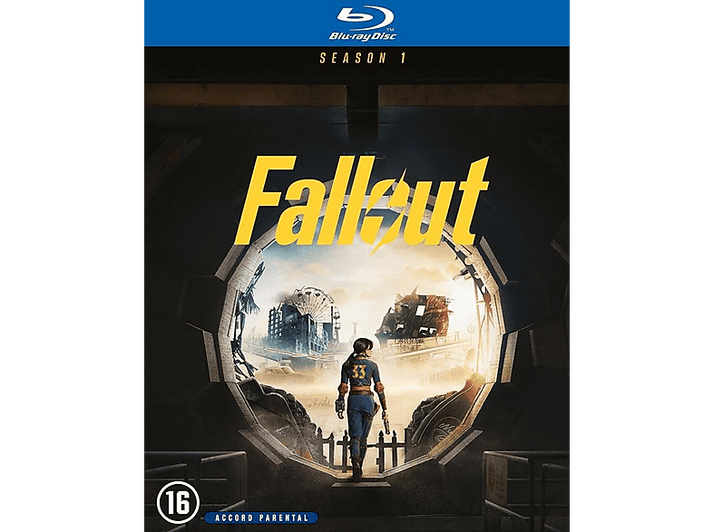 Couverture Blu-ray de Fallout Saison 1. Une femme en bleu devant une scène post-apocalyptique, le titre 'Fallout' en jaune.