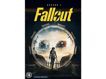 Une femme en bleu et jaune avec une arme à feu regarde une ville post-apocalyptique à travers une arche en béton. Le logo Fallout est au-dessus.