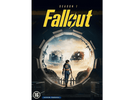 Une femme en bleu et jaune avec une arme à feu regarde une ville post-apocalyptique à travers une arche en béton. Le logo Fallout est au-dessus.