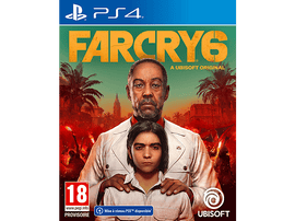 La jaquette du jeu Far Cry 6 PS4 avec un homme tenant un enfant.