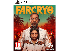 Couverture du jeu Far Cry 6 avec deux personnages, un homme en blanc et une personne plus jeune.