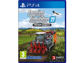Boîte du jeu Farming Simulator 22. Une moissonneuse-batteuse dans un champ, ciel bleu et oiseau.