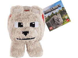 Une peluche Minecraft en forme de loup. Une carte avec le logo Minecraft Movie est à proximité.