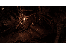 Charger l&#39;image dans la galerie, Scène de grotte sombre avec des crânes, un sarcophage et une figure avec une torche.
