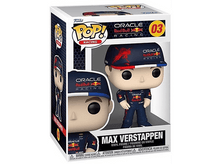 Charger l&#39;image dans la galerie, Une figurine Funko Pop de Max Verstappen dans une boîte avec la marque Oracle Red Bull Racing.
