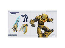 Charger l'image dans la galerie, Graphique Fortnite et Transformers. Robot Bumblebee jaune au centre. Armes et contours.
