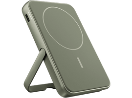 Chargeur sans fil vert olive sur support. Le chargeur a un cercle blanc et un trait fin.