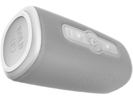 Un haut-parleur gris cylindrique avec des extrémités blanches et des boutons de commande.