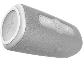 Un haut-parleur gris cylindrique avec des extrémités blanches et des boutons de commande.