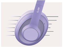 Charger l&#39;image dans la galerie, Casque violet avec le texte &#39;CLAM&#39; sur l&#39;écouteur, avec des lignes de mouvement. Fond blanc.
