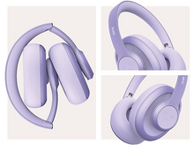 Charger l&#39;image dans la galerie, Trois vues d&#39;un casque violet, plié et déplié.
