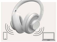 Charger l&#39;image dans la galerie, Casque blanc avec une icône de téléphone et d&#39;ordinateur portable, suggérant une connexion sans fil.
