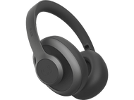 Casque gris foncé, vue latérale, avec serre-tête incurvé et écouteurs sur fond noir.