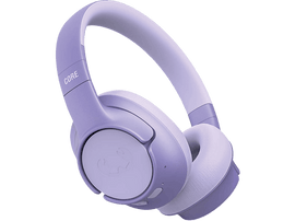 Casque violet sur fond noir. Écouteurs, serre-tête visibles.