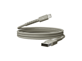 Un câble USB beige avec un connecteur USB-C et USB-A. Le câble est enroulé et a une texture tressée. Fond noir.