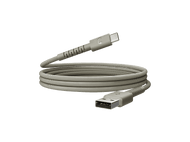 Un câble USB beige avec un connecteur USB-C et USB-A. Le câble est enroulé et a une texture tressée. Fond noir.