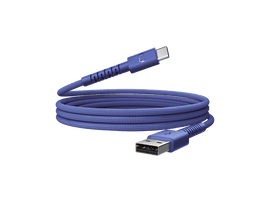 Un câble USB bleu avec des connecteurs USB-C et USB-A. Le câble est enroulé. Fond noir.
