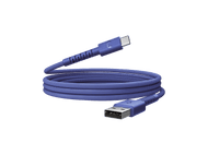 Un câble USB bleu avec des connecteurs USB-C et USB-A. Le câble est enroulé. Fond noir.