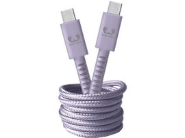 Câble USB-C violet enroulé. Deux connecteurs avec logo Fresh 