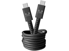 Charger l&#39;image dans la galerie, Câble de chargement USB-C noir enroulé, avec logo Fresh &#39;n Rebel, fond noir.
