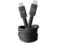 Câble de chargement USB-C noir enroulé, avec logo Fresh 'n Rebel, fond noir.