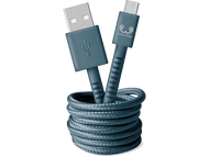 Câble bleu USB vers USB-C, enroulé, avec le logo Fresh Rebel, sur fond blanc.