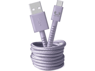 Un câble USB-C violet enroulé autour d'un support de câble violet, avec un logo Fresh 'n Rebel.