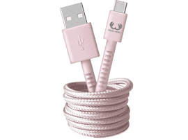 Câble USB vers USB-C rose. Le câble est enroulé, avec un connecteur à chaque extrémité.